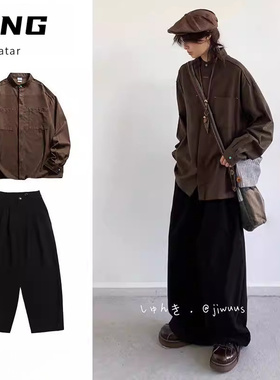 两件装/春秋日系中性古着立领长袖衬衫男生宽松纯色复古中性套装