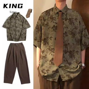 三件装/夏季新款美式复古宽松港味短袖花衬衫男女设计感休闲套装