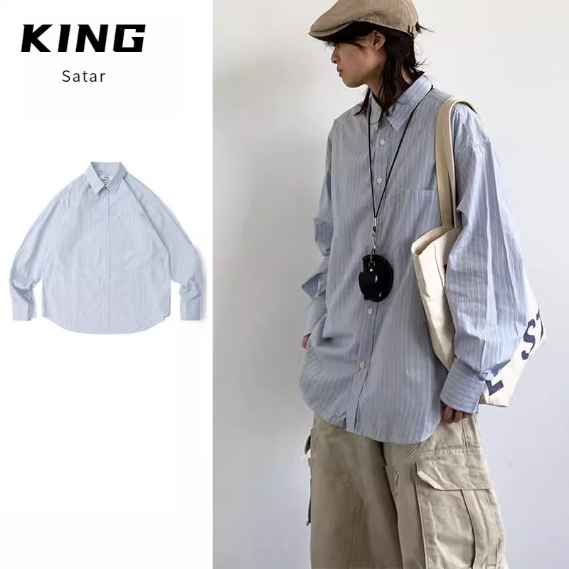 秋日系基础款长袖工装衬衫男女学生中性风休闲百搭通勤细条纹衬衣