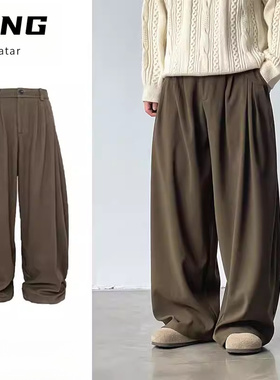 日系复古褶皱弯刀裤男女26秋冬纯色百搭美拉德垂感阔腿休闲裤子潮