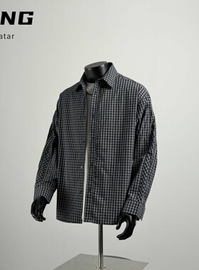 2026春季简约小格子长袖衬衫男美式宽松休闲翻领衬衣潮流百搭外套