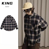 衬衫 秋冬季 复古呢料撞色格子纹翻领宽松长袖 男女简约衬衣情侣外套