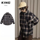 衬衫 秋冬季 复古呢料撞色格子纹翻领宽松长袖 男女简约衬衣情侣外套