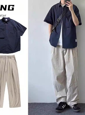 两件装/夏季日系复古机能工装风短袖衬衫男女生宽松百搭衬衣套装