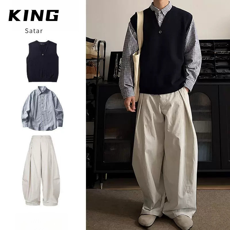 三件装/日系复古V领针织衫背心男女cityboy叠穿马甲秋冬休闲套装