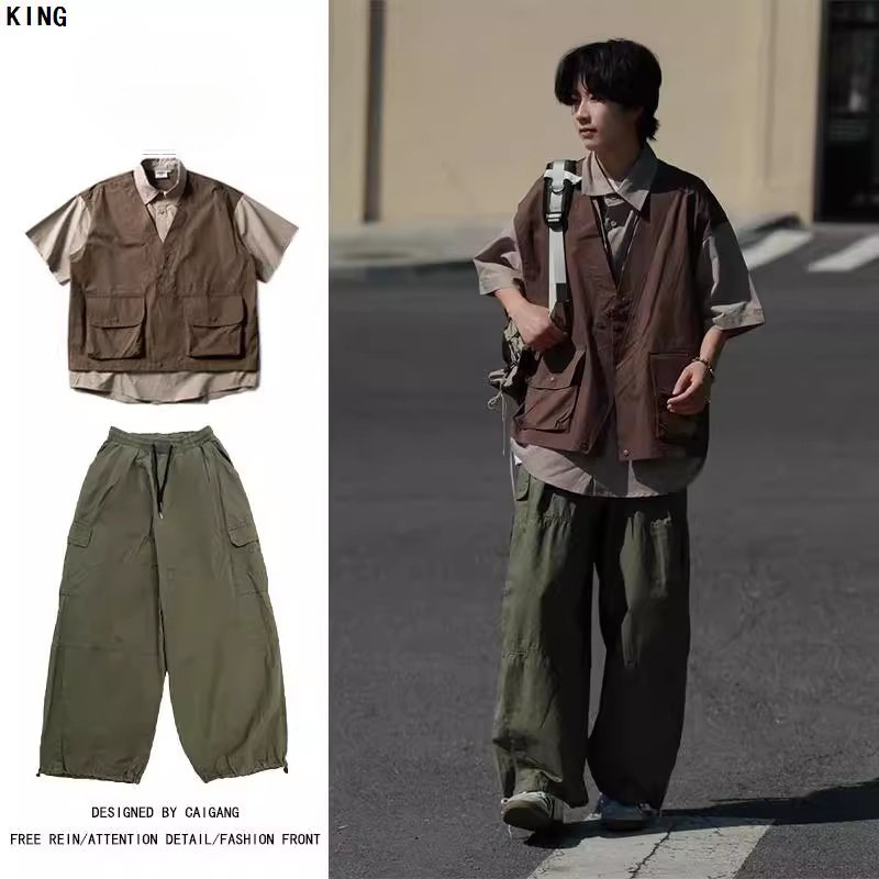 两件装/单件日系复古撞色假两件马甲短袖衬衫男夏季休闲工装套装
