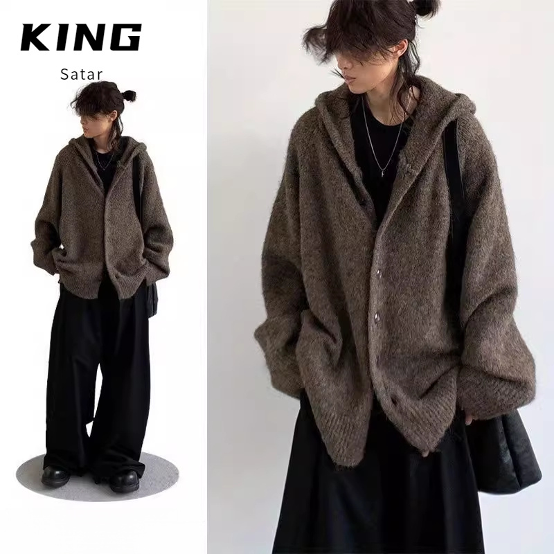 秋日系复古中性连帽针织开衫毛衣男女生学生宽松慵懒中性打底上衣