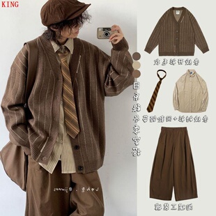 秋冬季 毛衣男女学院风V领针织外套 日系复古穿搭整套中性条纹开衫