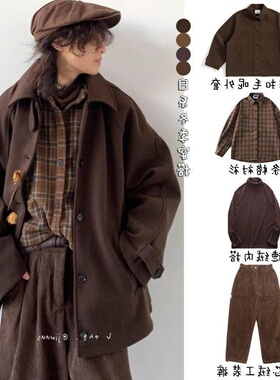 冬季日系穿搭整套美拉德复古单排扣呢子大衣男宽松插肩袖毛呢外套