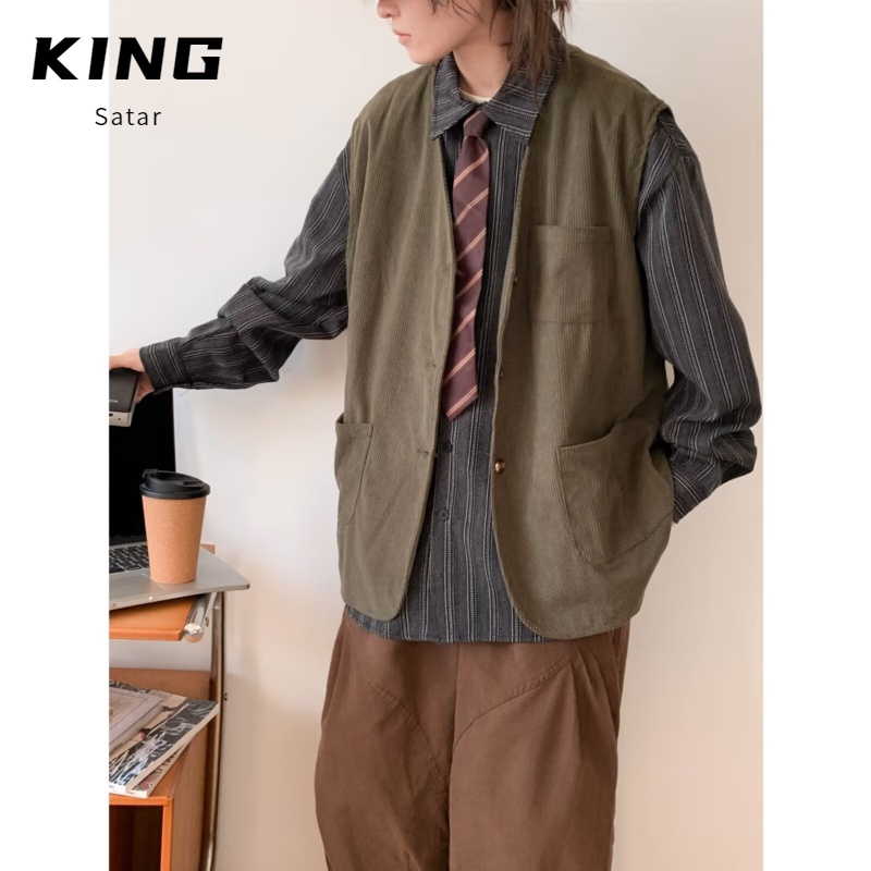 2025秋美式复古学院风纯色百搭V领开衫背心马甲上衣男女潮