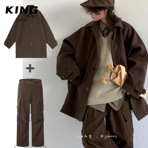 冬季日系复古穿搭整套美拉德毛呢中长款大衣男女生慵懒风百搭外套