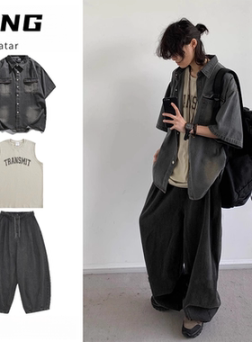 三件装/单件日系水洗做旧短袖牛仔衬衫男学院风复古工装衬衣套装