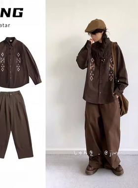 两件装/春秋复古新中式民族风刺绣盘扣长袖衬衫男女休闲中性套装