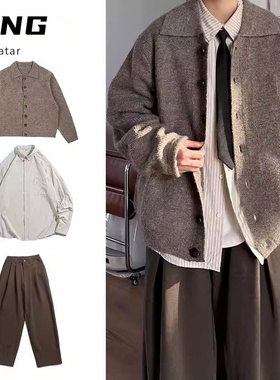 日系复古秋冬新款宽松翻领棋盘针织开衫毛衣男女针织衫外套上衣潮