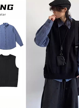 两件装/单件黑色马甲男女生学院风两侧开衩针织背心日系复古套装