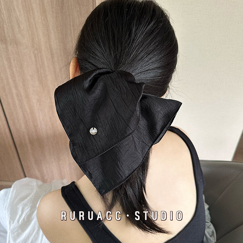 小资~高级简约肌理感黑色绸缎方巾发圈慵懒风马尾丸子头发绳头绳