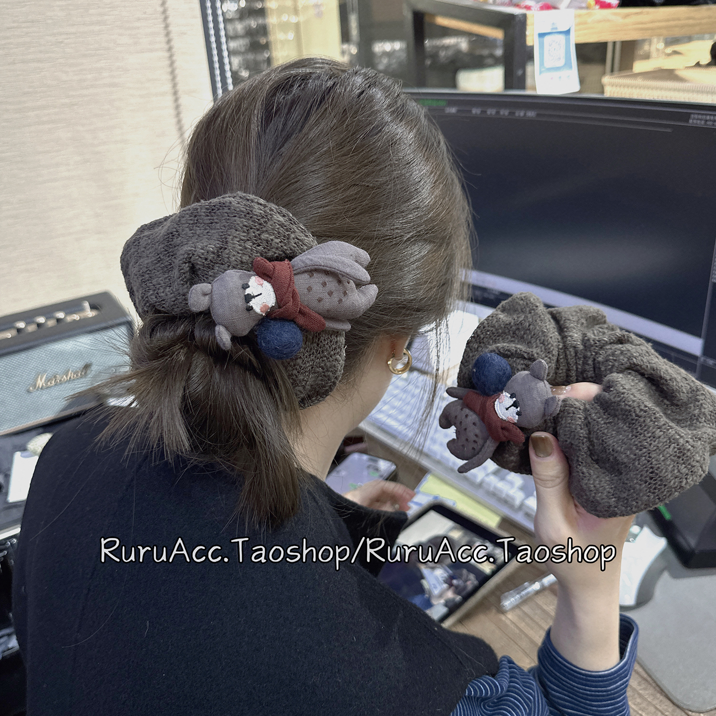 小众巧克力咖色毛线围巾小熊发圈