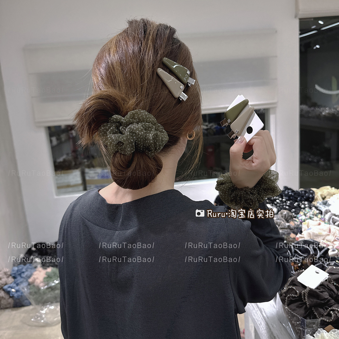 高级感小众咸菜绿色网纱波点发圈