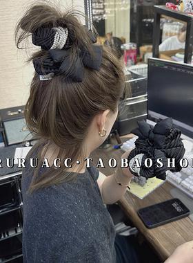 高级感风琴褶黑色充棉蝴蝶结大肠发圈显发量多丸子头发绳韩国头绳