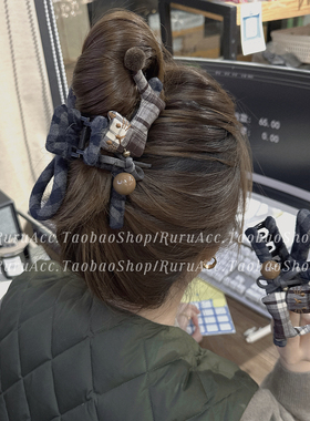 RURU AB版设计款蓝色格纹猫咪蝴蝶结抓夹韩国鲨鱼夹女后脑勺发夹