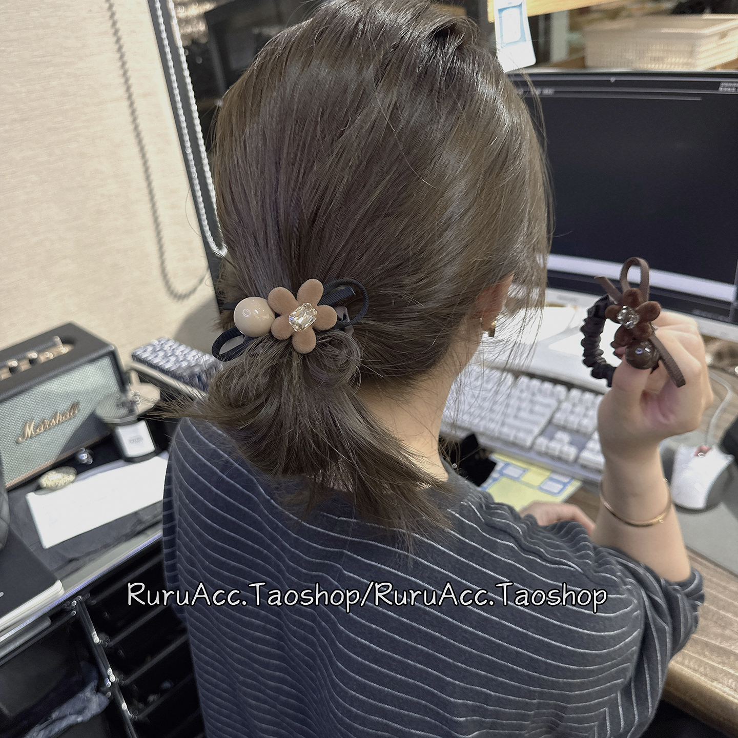 东大门咖色丝绒水钻花朵大肠发圈高弹力马尾头绳高级感丸子头发绳