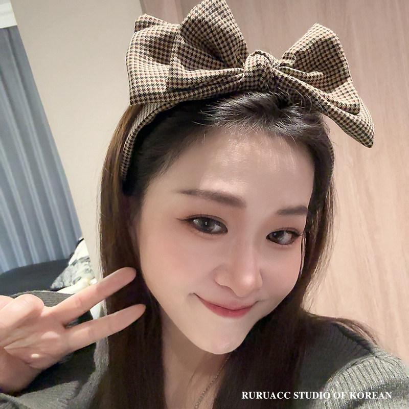 RURUACC miu系美拉德高级复古千鸟格大蝴蝶结发箍宽边显脸小头箍