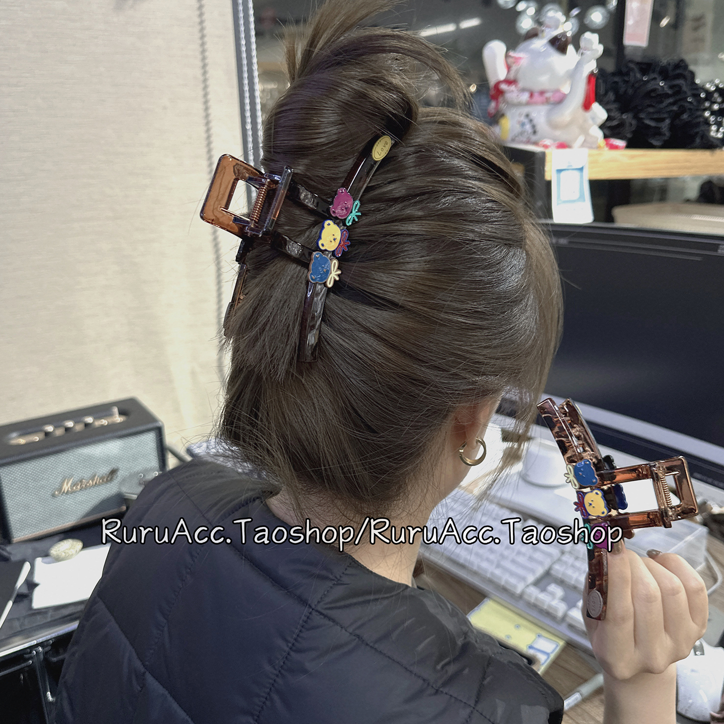 东大门可爱茶透色滴釉领结小熊抓夹高级感小众鲨鱼夹后脑勺盘发夹