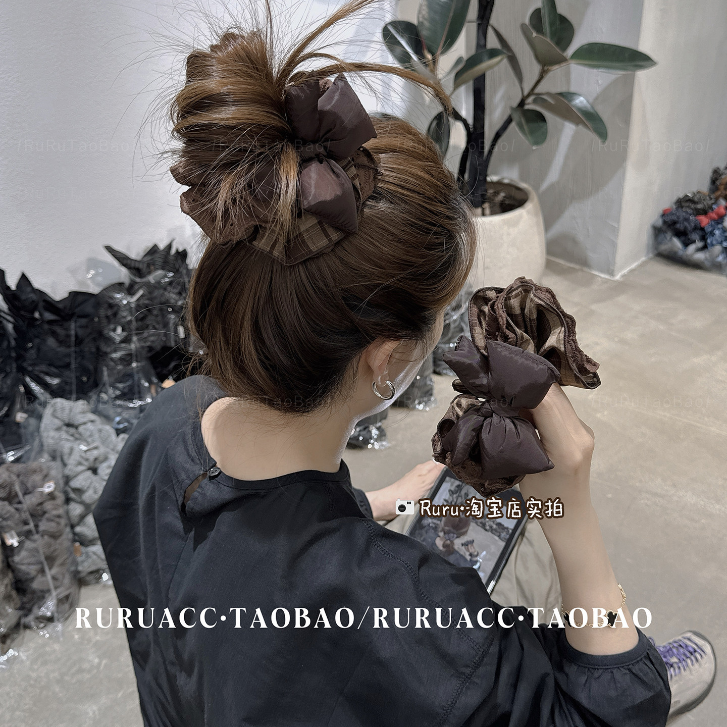 美拉德咖色充棉蝴蝶结格纹大发圈