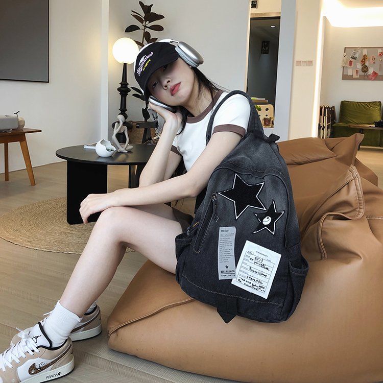 星星书包女大学生日系帆布牛仔布双肩背包