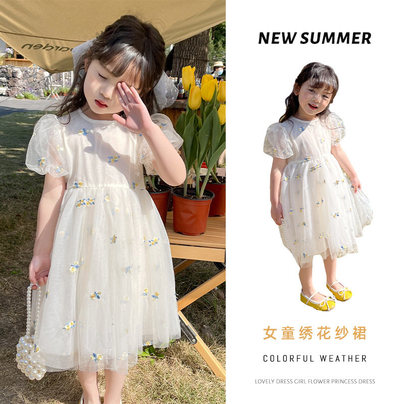 女童裙子夏季2025新款绣花可爱连衣裙女韩版公主风蓬蓬网纱公主