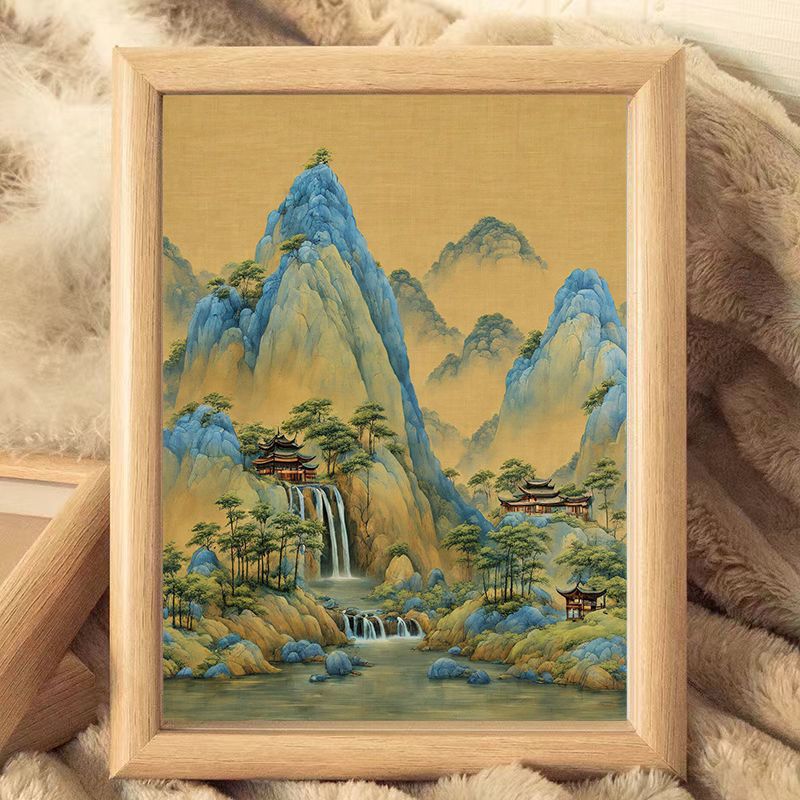 国风千里江山图插画相框摆台高清立体木框餐厅挂墙画新中式装饰画图片