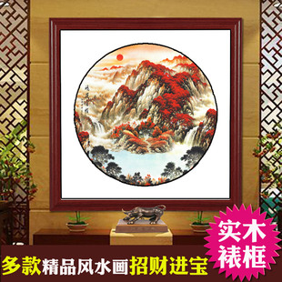 饰画 国画鸿运当头山水画风水办公室客厅玄关圆形斗方挂画餐厅装