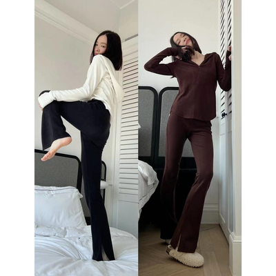 松紧腰原创设计长裤开衩喇叭裤