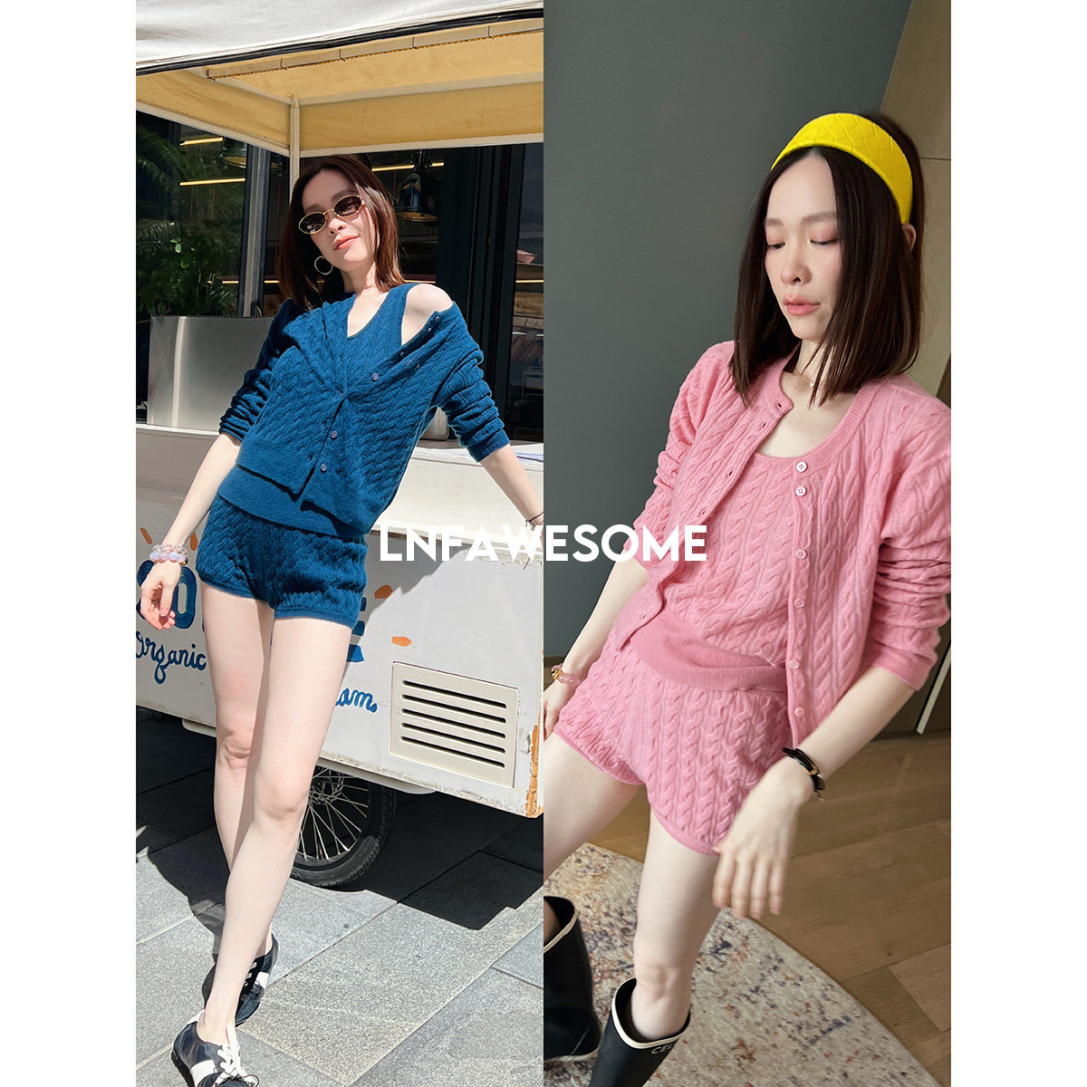 花式拉毛纱绞花羊绒针织三件套