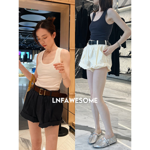 LNFAWESOME 水洗长绒棉卷边褶皱花苞南瓜短裤