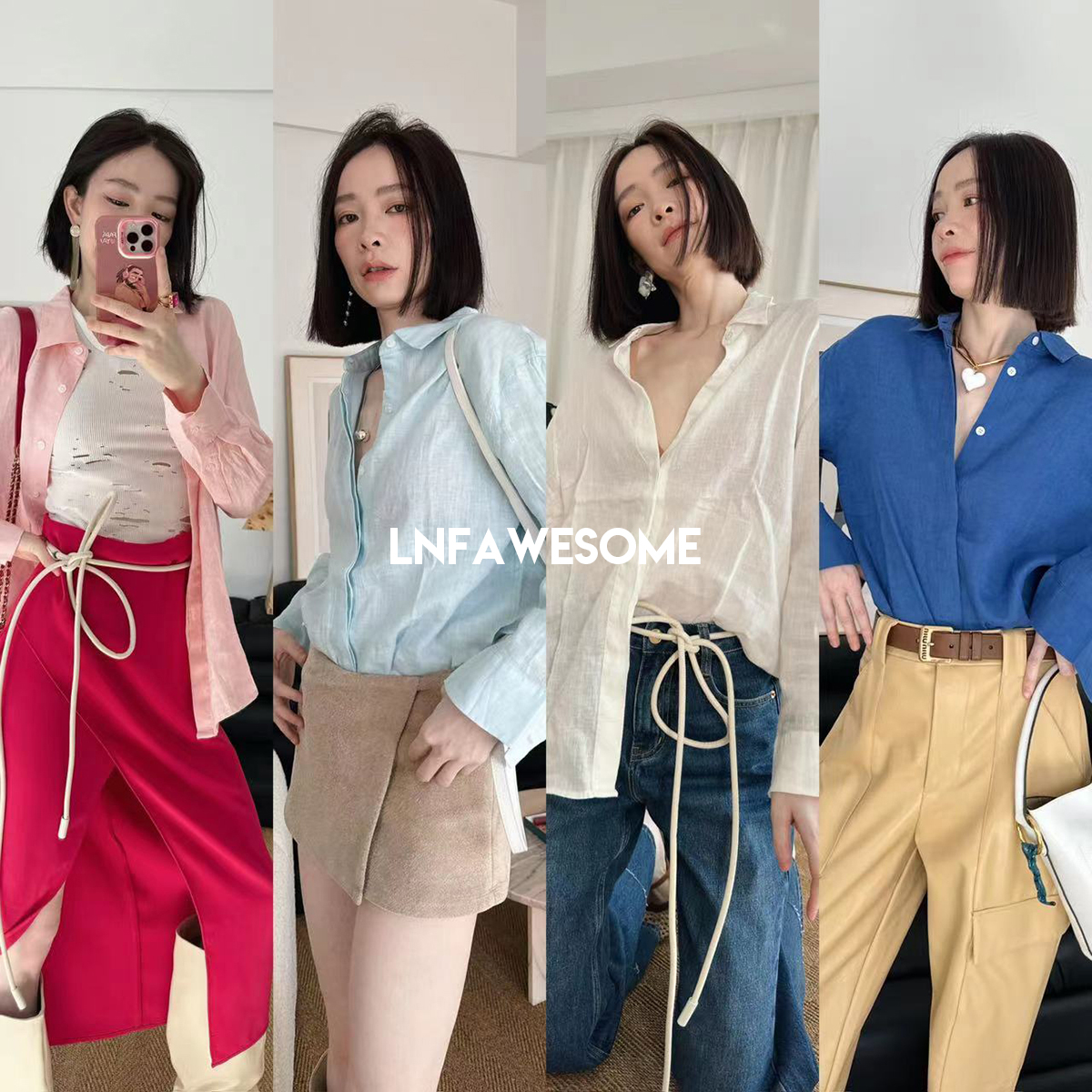 LNF宽松简约单排扣长袖麻衬衫