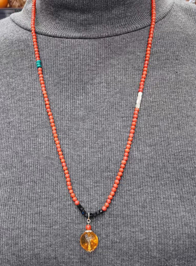 时代珠宝原创天然南红玛瑙项链绿松石朱砂白贝中式国风琥珀吊坠