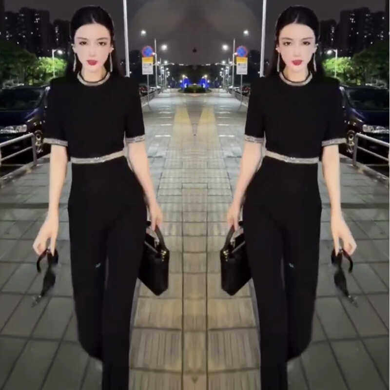 时尚气质重工烫钻显瘦短袖连体衣裤女2024夏季新款轻奢垂感假两件