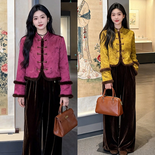 新中式古风立领盘扣提花时尚套装女2025秋冬新款高级感洋气两件套