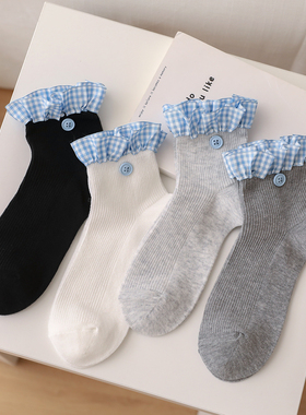 康博女袜时尚蓝色格子袜潮花边纽扣袜少女系玛丽珍鞋中筒袜