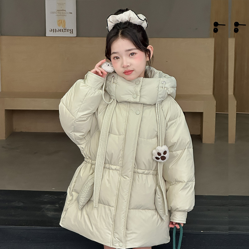 女童羽绒服中长款白鸭绒收腰外套