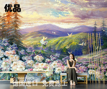 北欧电视背景墙壁画山谷鲜花蝴蝶唯美风景油画墙纸壁纸客厅墙布