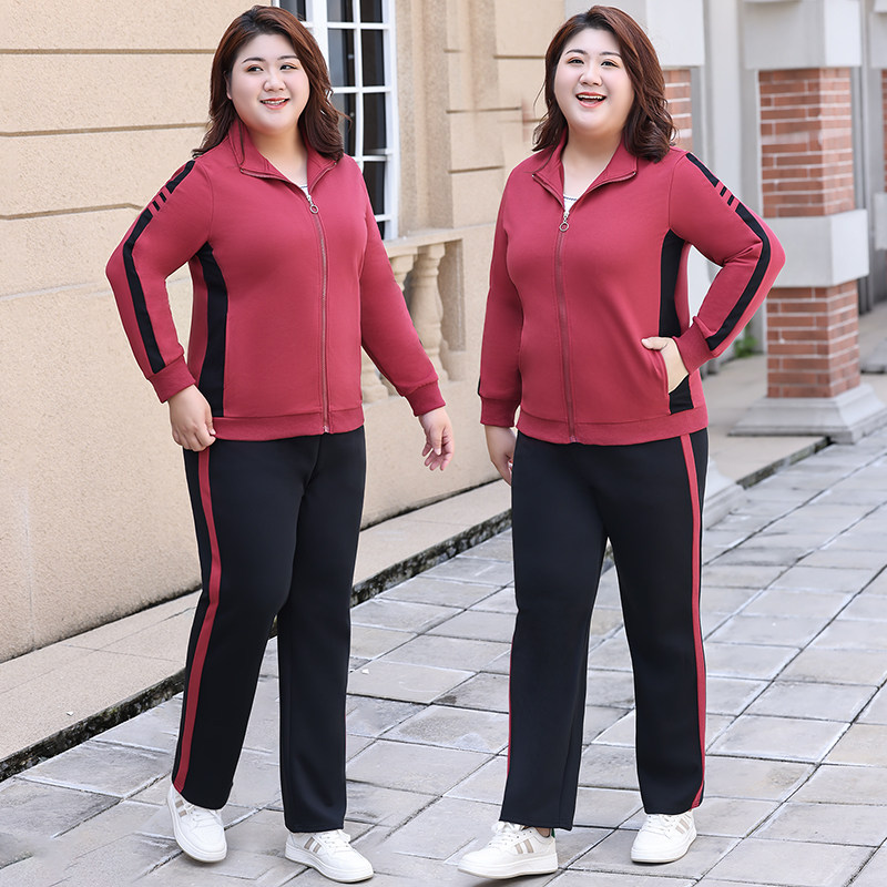 200斤加肥加大码休闲女套装中年妈妈宽松显瘦秋季运动两件套卫衣