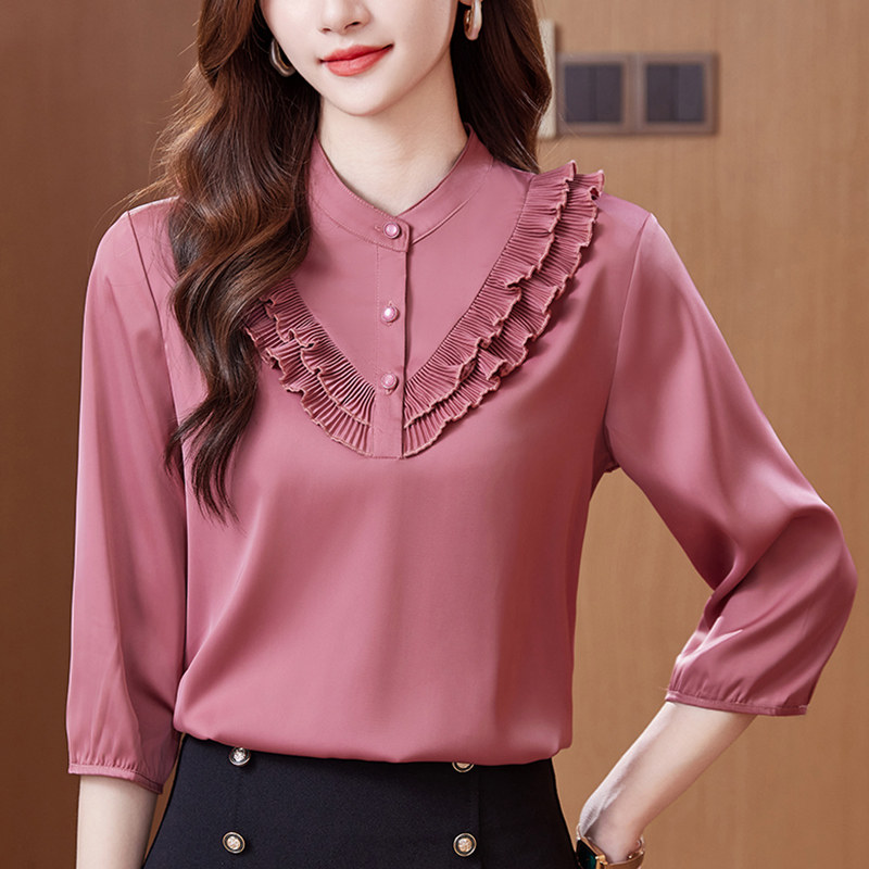 春夏款七分袖缎面套头衬衫女中年妈妈宽松大码减龄洋气雪纺衫上衣
