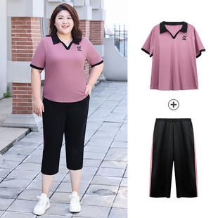 2025夏季新款运动女套装加肥加大码中年妈妈宽松七分裤t恤两件套
