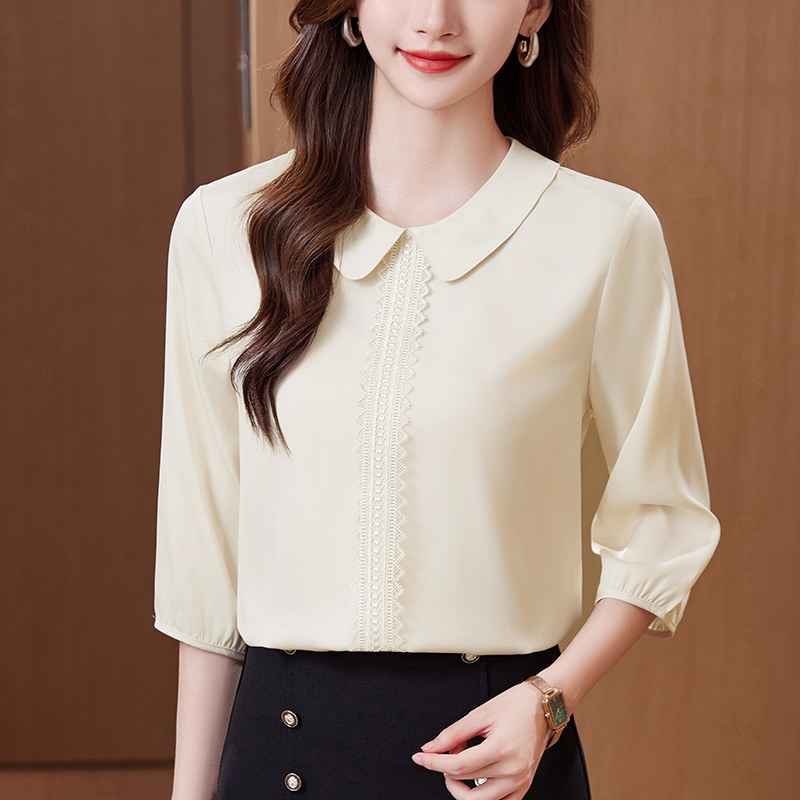 娃娃领套头七分袖女衬衫春夏季胖mm加大码宽松遮肚减龄洋气雪纺衫