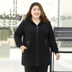 特大码加绒连帽女卫衣200斤中年妈妈宽松遮肚显瘦中长款保暖外套