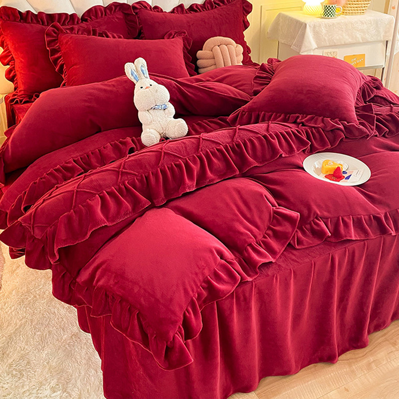 加绒牛奶绒四件套冬季款加厚珊瑚绒被套花边法兰绒床上床裙大红色