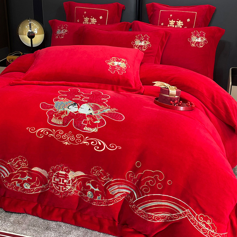 牛奶绒绣花婚庆四件套冬季加厚大红色结婚宝宝珊瑚绒床上被套床单,床上用品,婚庆床品套件,淘宝优惠券,粉丝福利购,淘宝优惠卷