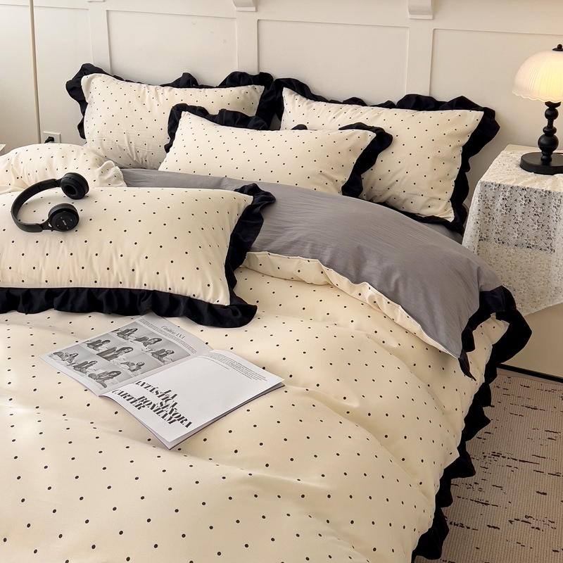 法式黑白赫本风水洗棉四件套加厚床盖单花边公主风三件套床上用品